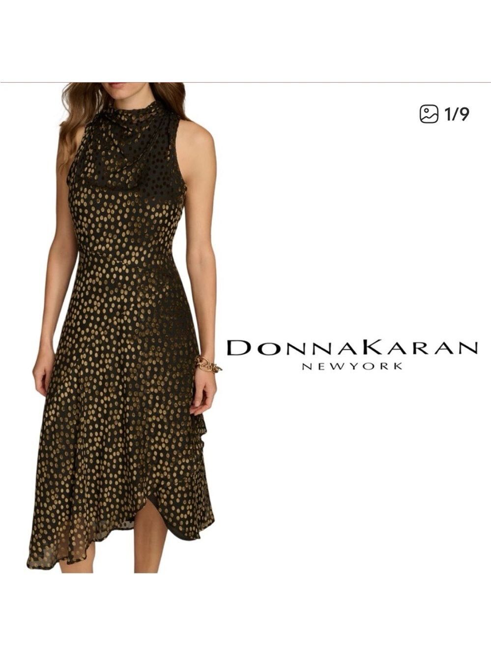 NWT S120 Donna Karan Asymmertrical Midi Dress, black and gold.
